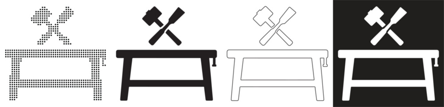 Simple icons of a workbench with tools for craft and construction