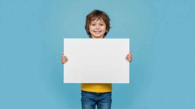 Happy little boy holding blank white board. Smiling kid presenting empty placard for advertisement. Copy space