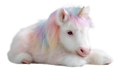 Cuddly white unicorn toy with pastel rainbow mane lying down isolated on transparent background