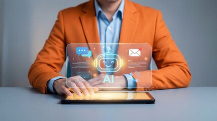 Person in an orange blazer interacting with a holographic AI interface displaying chatbot and email icons above a tablet screen