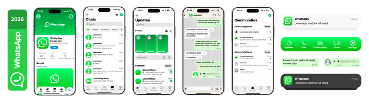 Whatsapp 2026 UI with App Store download page showcasing chat threads voice video calls status channels privacy settings previews ratings updates and seamless messaging experience