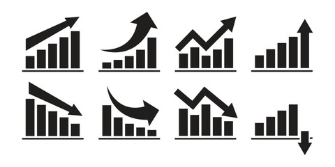 Graph going Up and Down sign with green and red arrows vector. Flat design vector illustration concept of sales bar chart symbol icon with arrow moving down and sales bar chart with arrow moving up © Iconpro333 
