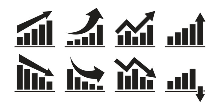 Graph going Up and Down sign with green and red arrows vector. Flat design vector illustration concept of sales bar chart symbol icon with arrow moving down and sales bar chart with arrow moving up