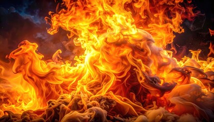 Fototapeta premium An intense, swirling inferno of brilliant orange and yellow flames against a dark, smoky background.