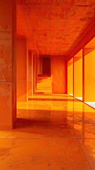 Vibrant orange architectural interior featuring a long hallway with a central staircase under bright lighting.