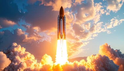 Powerful space shuttle launch piercing through dramatic sunset clouds with intense fiery exhaust.
