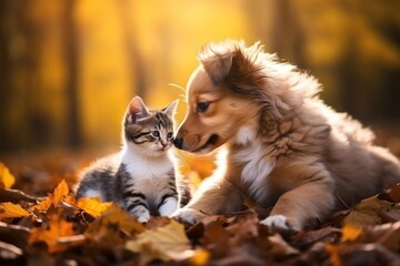 Obraz premium Puppy and kitten bonding closely on a bed of vibrant autumn leaves, feeling companionship