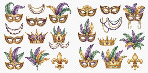 Mardi Gras watercolor masks, crowns, beads, and fleur de lis set on a transparent background. © Akun