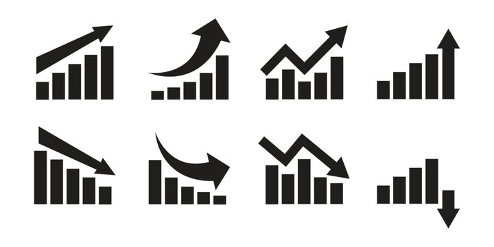 Graph going down and up sign with green and red arrows, vector illustration of bar chart symbols, depicting sales decrease and growth, ideal for business analytics, financial reports