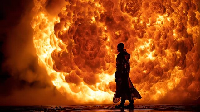Silhouette of person standing before massive fire.