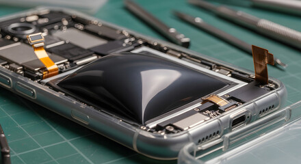 Obraz premium Damaged Smartphone Battery Repair Concept