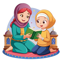 children with a book and mother