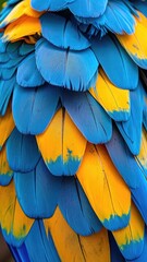 Fototapeta premium Close-up texture of vibrant blue and yellow macaw feathers.