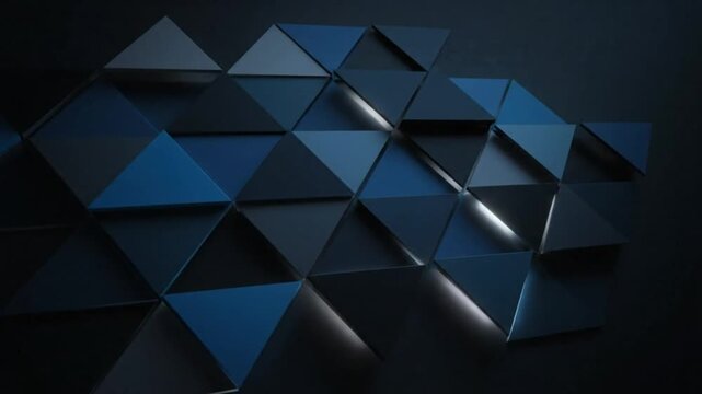 Abstract geometric 3D triangles background with blue and gray tones illuminating on a black backdrop.