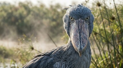 Nahaufnahme eines Schuhschnabels mit urzeitlichem Aussehen und intensivem Blick im nebligen Sumpf.