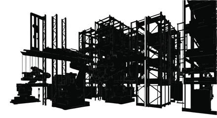 Industrial construction site with machinery and structures in black silhouette on white background for business and engineering concepts