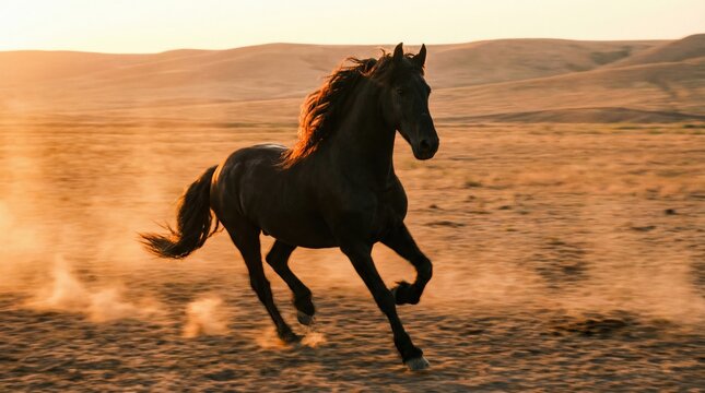 Schwarzes Friesenpferd galoppiert im Sonnenuntergang durch die staubige Steppe.