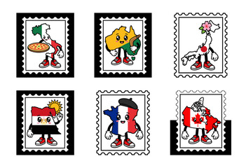Fototapeta premium Kawaii Cartoon Map Character Postage Stamp Asset Collection for International Travel Scrapbooking