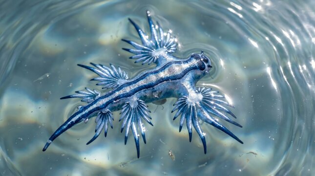 Seltene Blaue Ozeanschnecke (Glaucus Atlanticus) schwimmt an der Wasseroberfl&auml;che im Sonnenlicht.
