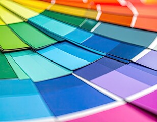 Fototapeta premium A vibrant fan deck of colorful paint swatches displaying gradients of cool tones.