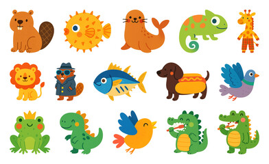 Naklejka premium PNG Colorful cartoon animal stickers, element set on transparent background