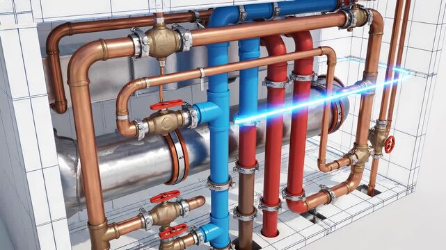 Building plumbing system with water pipes and valves installation animation