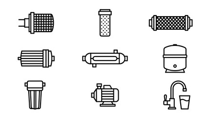 Minimalist Line Art Vector Icon Set of Water Purification System Components. Collection Includes Reverse Osmosis Filters, Water Pump, Storage Tank, Faucet with Glass, and Membrane Housing Icons.
