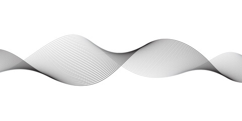 Abstract monochrome wave background with thin parallel flowing black lines, illustrating sound frequency and data motion through smooth curves in a clean modern line art style on white. © Hasan