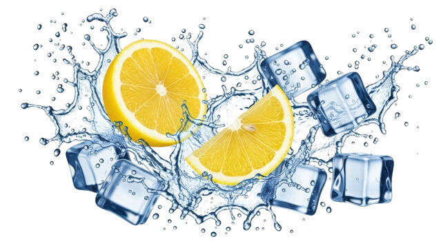 Lemon slices and ice cubes splashing in water on a refreshing summer day  citrus drink ingredients