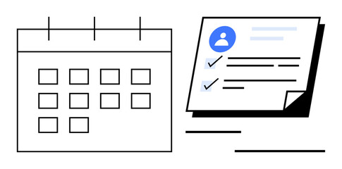 Calendar grid alongside a document with checkmarks and profile icon indicating planning, task tracking, and organization. Ideal for time management, productivity, goals, scheduling, workflows