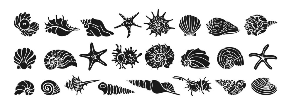 Various shape seashells and starfish ink silhouette style set hand drawn vector illustration. Summer ocean beach theme marine isolated elements coastal vacation tropical nautical shadow design