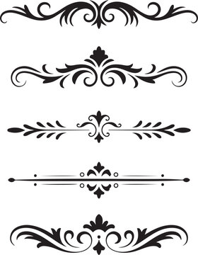 Collection of five elegant black scroll elements for page division on a clean white background