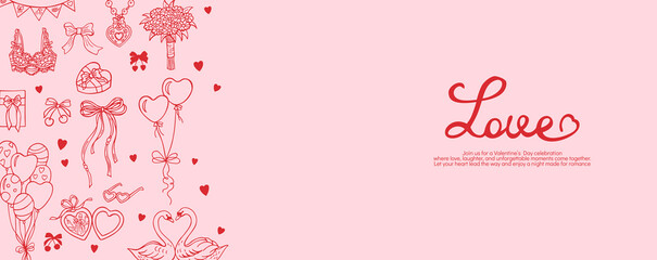 Whimsical Valentines Day horizontal background banner or card with hand drawn doodles. Line girly elements swans, balloons, pendant, bow ribbon sketch. Romantic vintage mood playful elegant line art © neliakott