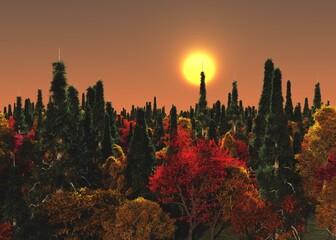 Autumn, autumn sunset, autumn forest, autumn park, 3D rendering