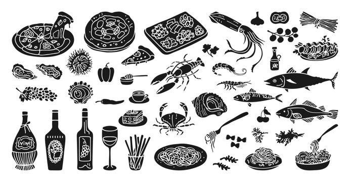 Hand drawn Mediterranean food illustration set inspired by Italian and Spanish cuisine. Summer coastal mood with wine and seafood. Minimal grunge stamp art and vintage style southern atmosphere