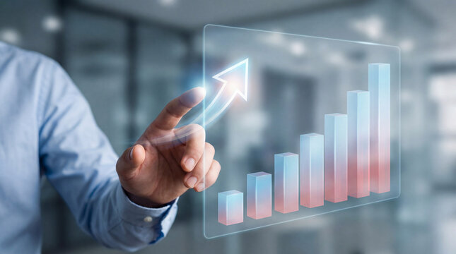 Business Growth Chart and Success Concept: Hand pointing at rising bar chart with upward arrow, symbolizing financial growth and performance.