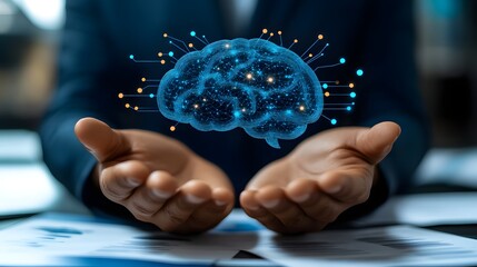 Illuminated digital representation of a human brain hovers above open hands in a professional setting