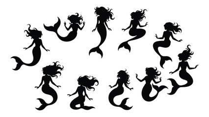 Silhouettes of nine mermaids in various poses Vector