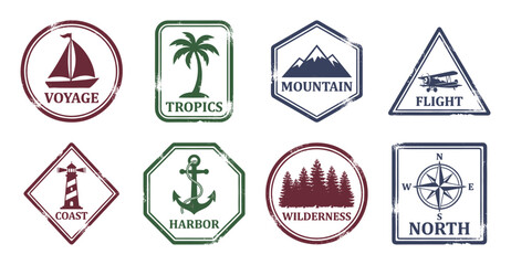 Obraz premium Vintage Textured Nautical and Outdoor Adventure Graphic Elements Set for Retro Travel Branding