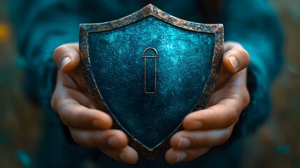 Person carefully presents small, ancient-looking metallic shield with an engraved symbol.