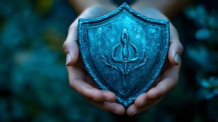 Cupped hands gently hold an ornate, weathered metal badge with mystic markings against a dark green background