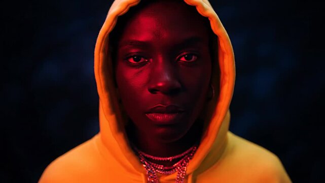 Dramatic studio portrait of a young adult black male in a yellow hoodie. Triptych banner of a serious man with an intense gaze under red neon light for fashion or music