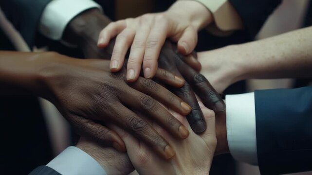Video A group of people forming a human chain by placing their hands together, conveying unity and solidarity