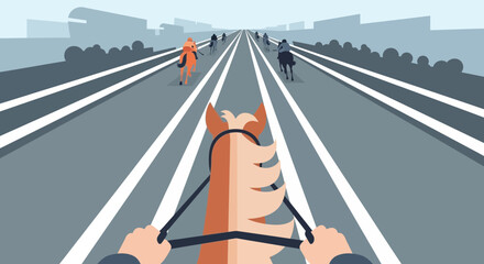 Obraz premium Horse Race on Highway: POV Perspective of Rider in Urban Race