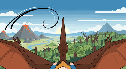 Pterodactyl Flying Over Lush Prehistoric Landscape With Volcano © Anisah