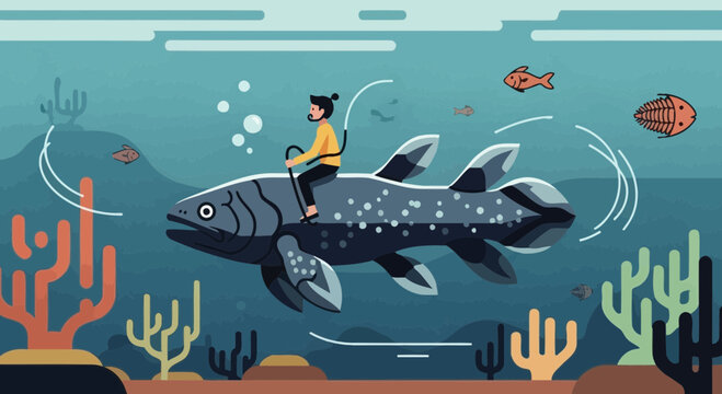 Person riding a giant coelacanth fish through underwater coral reef, cartoon style