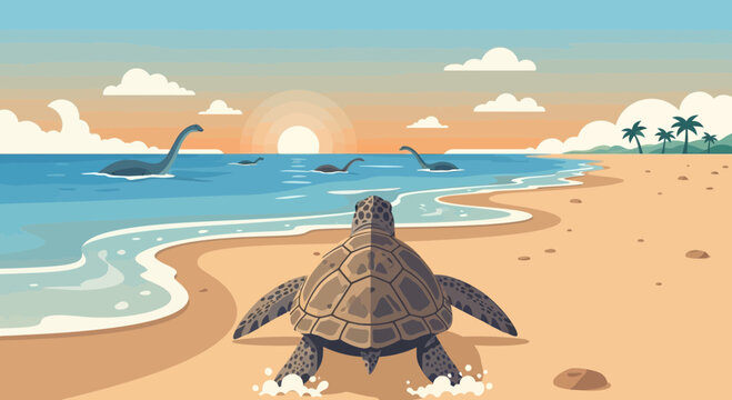 Sea turtle on beach returning to ocean with prehistoric plesiosaurs in background at sunset