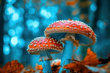 Fototapeta premium Two vibrant fly agaric mushrooms thrive in a magical, bokeh lit forest