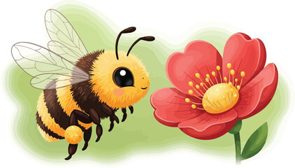Obraz premium Beautiful watercolor honeybee flying towards red flower on soft green background sticker design