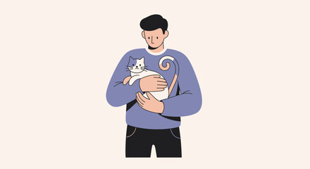 Man Holding White Cat, Pet Owner Love, Domestic Animal Companion